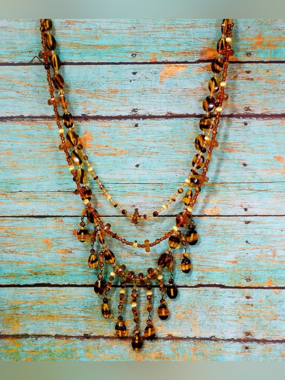 Brown fringe bead necklace with three strands of beads bohemian style neck  NEW